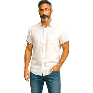 Casa Moda White Linen Button Down Shirt Short Sleeve Cuffed Sz M Plaid Casual